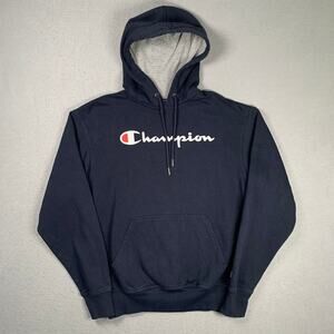 Champion Hoodie Men's Medium Navy Blue Pullover Sweatshirt Athletic Spell Out